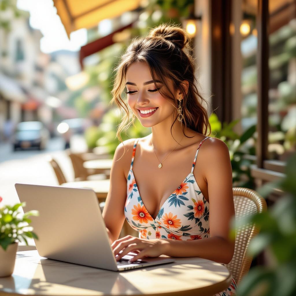 Happy woman at an internet cafe working on her side hustles internet business