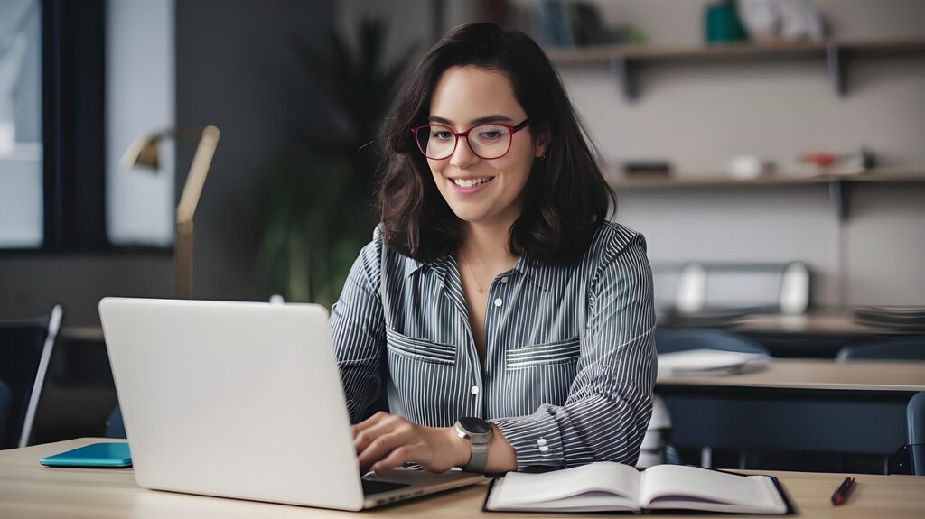 Woman in a home office using her computer to make money online as a freelancer