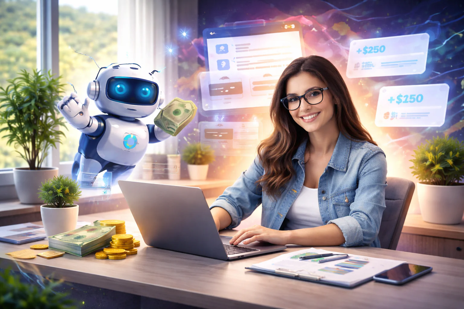 AI Assisted Freelancing Online AI Assisted freelancing woman working on a computer