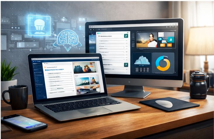Content 1 Creative freelancer brainstorming ideas with AI assistance on screen