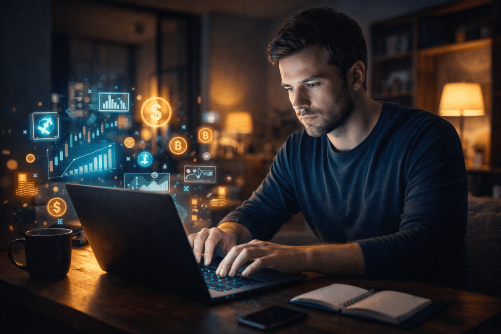 Man working on AI Assisted Freelancing online Remote Jobs