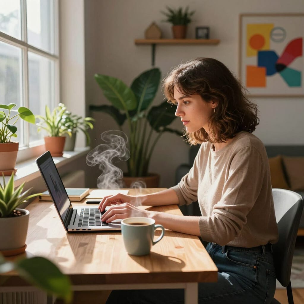Woman working on her AI freelancing business in a home office after quitting her day job