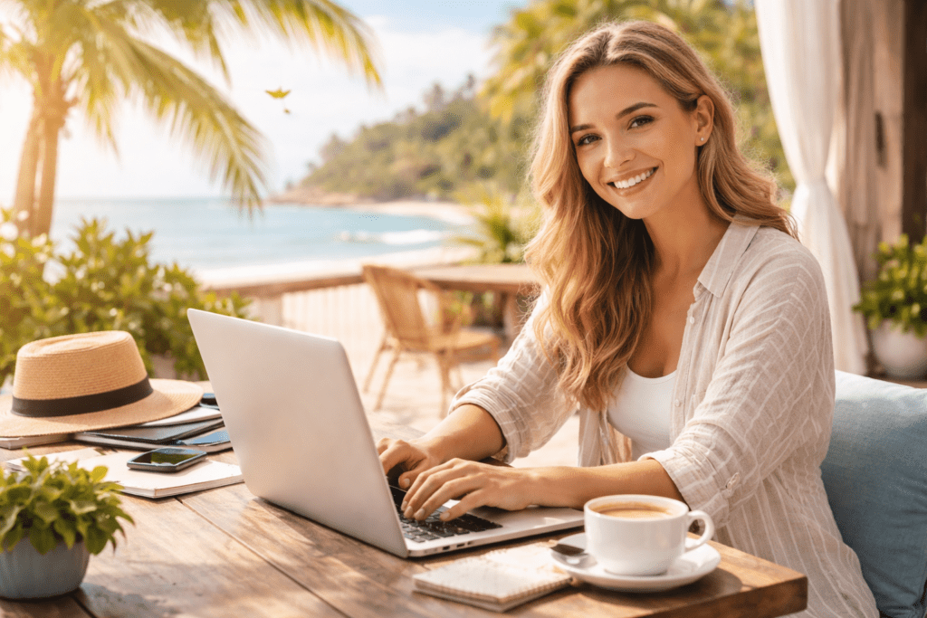 Woman learning how to start freelancing on computer applying the easy way to earn money online by following RIA Training
