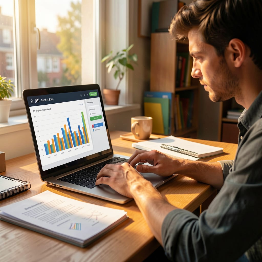 Man working his online freelance business on a laptop in a home office doing data annotation jobs