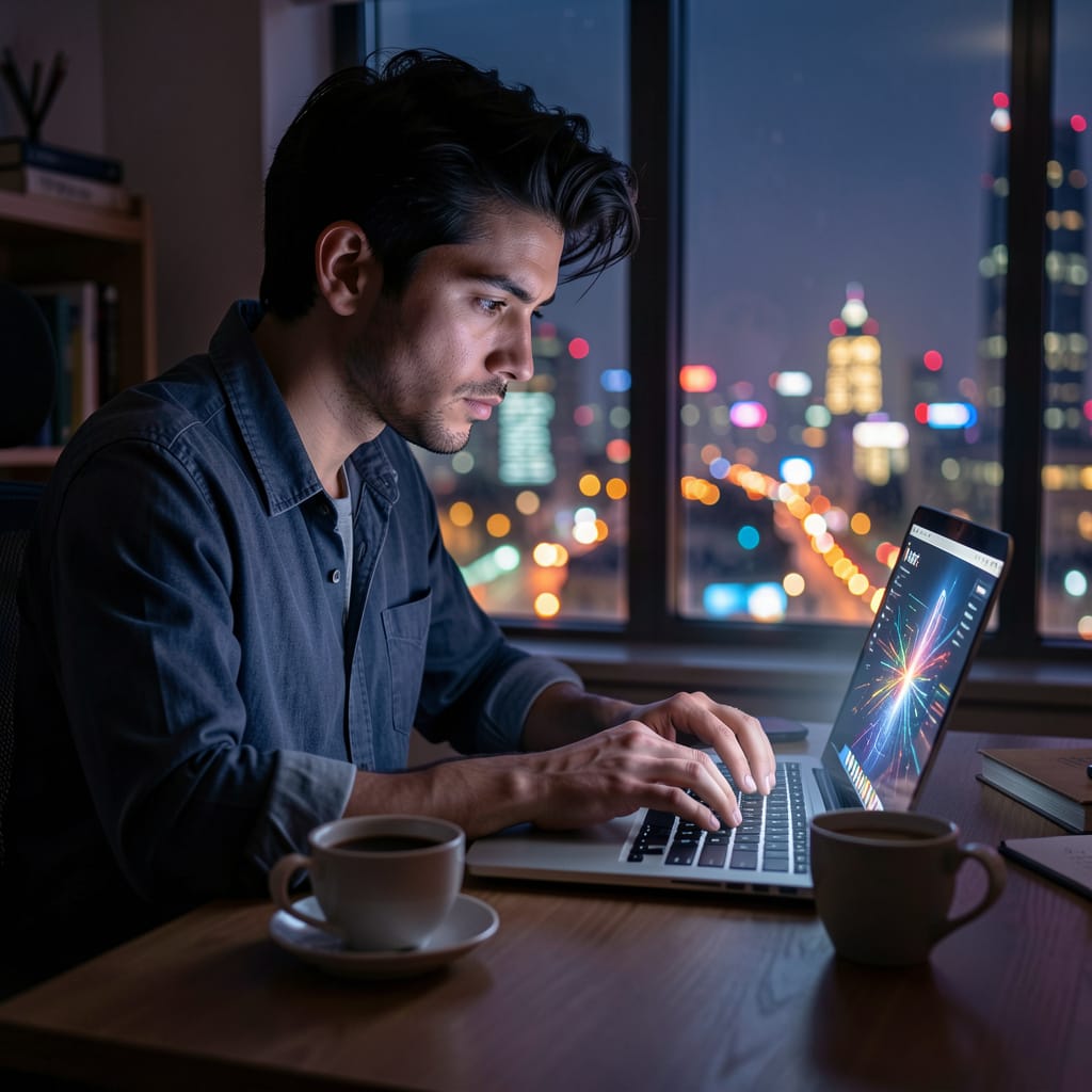 Man on laptop studying side hustles for beginners to make money online in home office