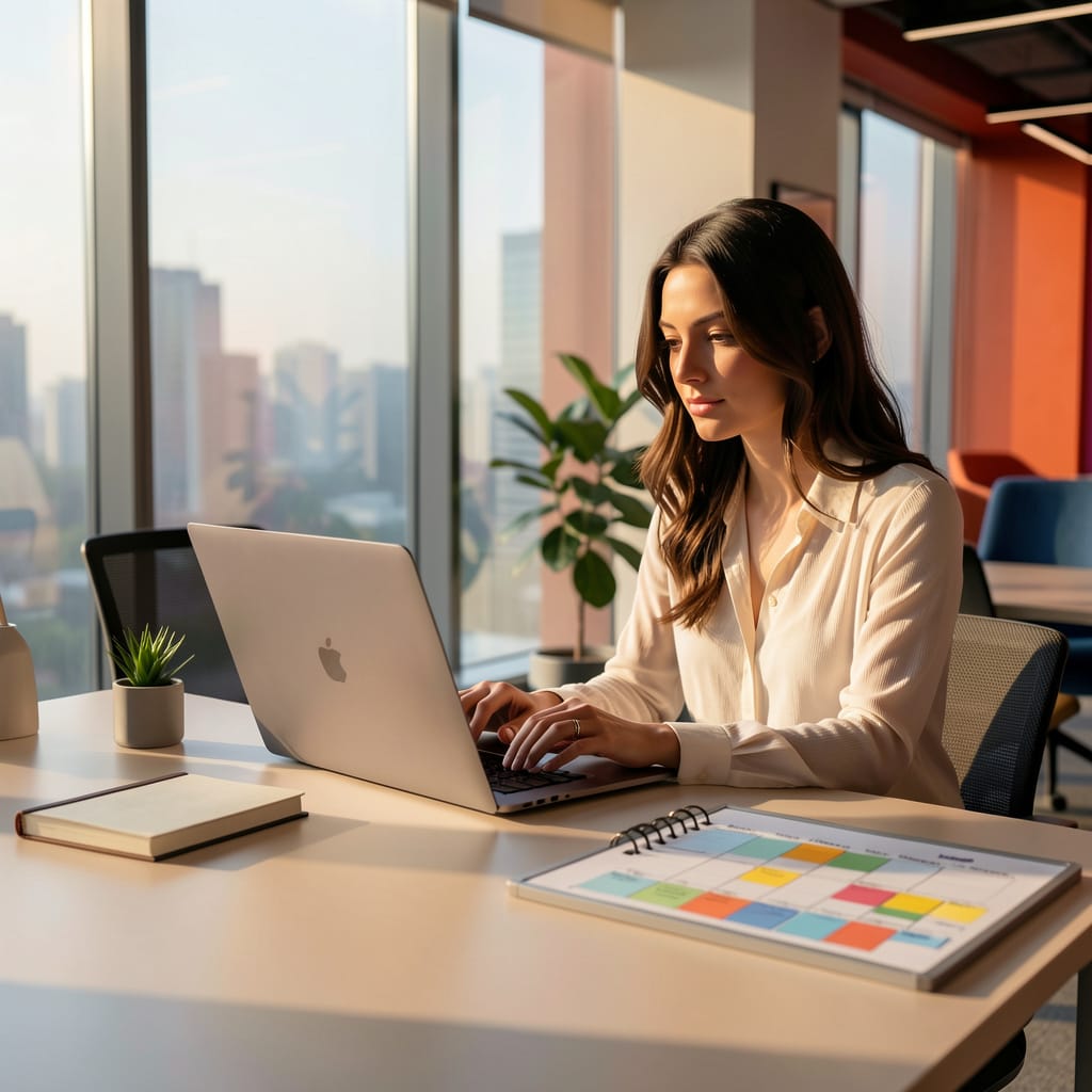 Woman working online in an organized home office set up on her turnkey business