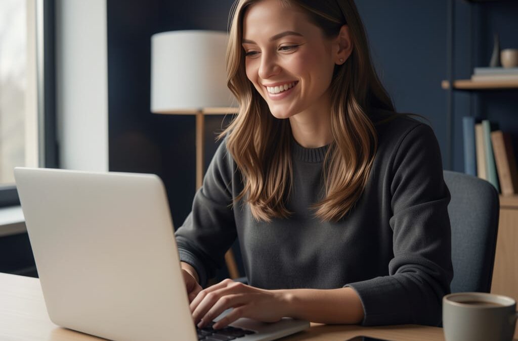 A woman doing freelance work on her laptop.