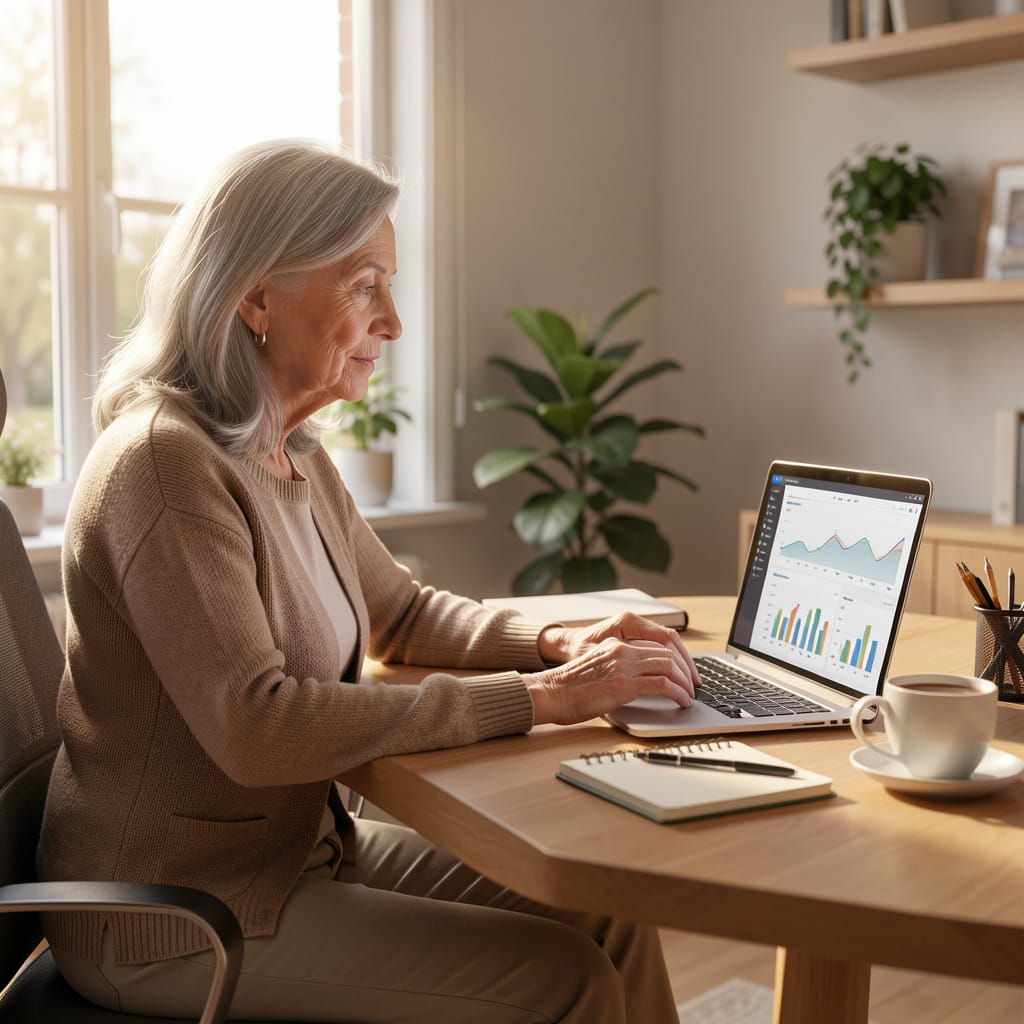 Senior woman working on a laptop on her online business: Learn about flexible remote AI jobs for parents