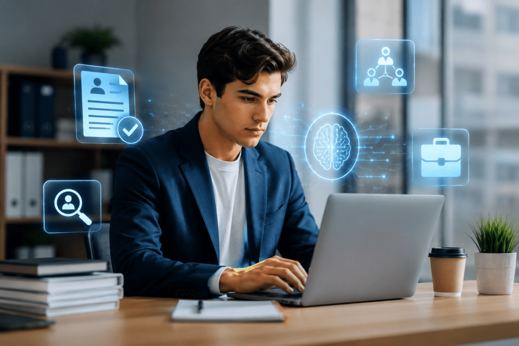Man investigating freelancing and job searching using AI Tools to choose a career path