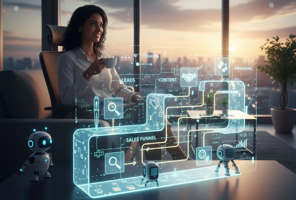 Woman using AI workflows to manage business tasks