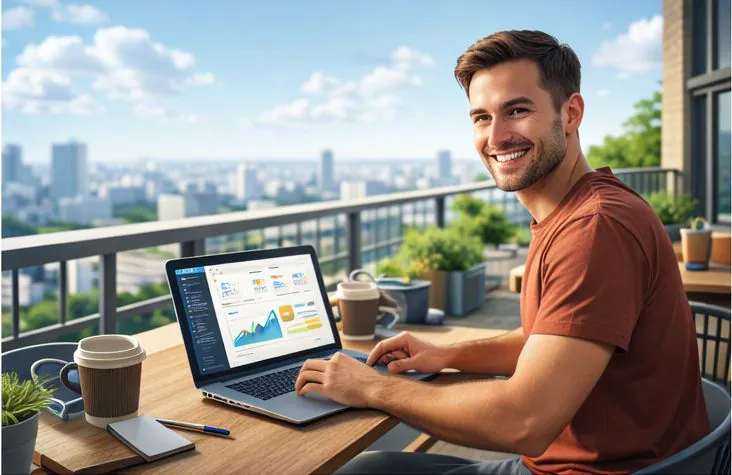 Freelancer networking and collaborating with clients worldwide via video calls and messaging